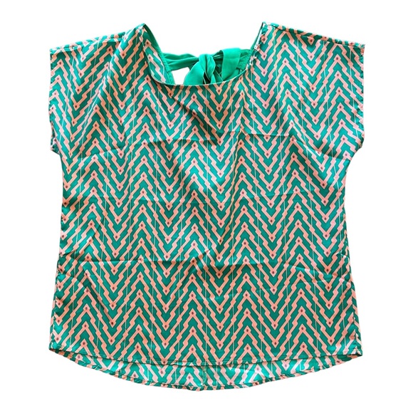Splendid Green & Orange Geometric Tribal Print Slim Tunic Blouse w/ Bow, Medium - Picture 8 of 9